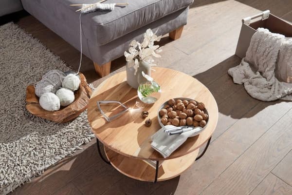 Rootz sofabord 60x34,5x60 cm akacie massivt træ - metal sofabord - Design stuebord rundt - Loungebord Industriel Brun - Bord med hylde