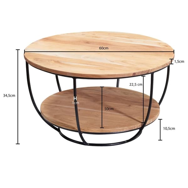 Rootz sofabord 60x34,5x60 cm akacie massivt træ - metal sofabord - Design stuebord rundt - Loungebord Industriel Brun - Bord med hylde
