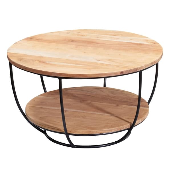 Rootz sofabord 60x34,5x60 cm akacie massivt træ - metal sofabord - Design stuebord rundt - Loungebord Industriel Brun - Bord med hylde