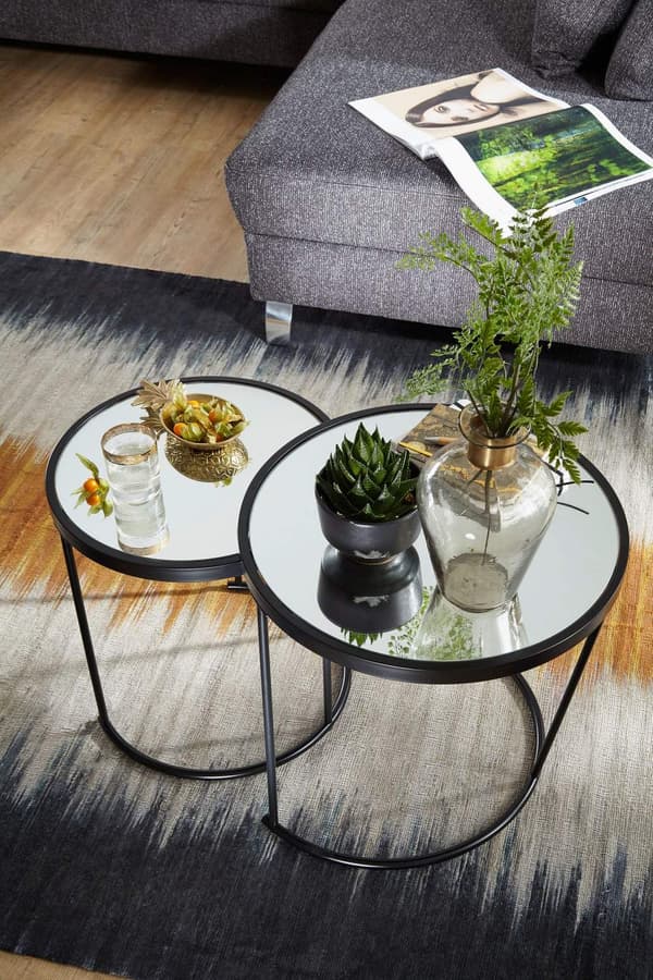 Rootz design sidebord rundt Ø 50-42 cm - 2 stk sort med spejlglas - Stuebord sæt af 2 - Nesting bord spejl sofabord