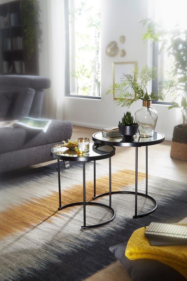 Rootz design sidebord rundt Ø 50-42 cm - 2 stk sort med spejlglas - Stuebord sæt af 2 - Nesting bord spejl sofabord