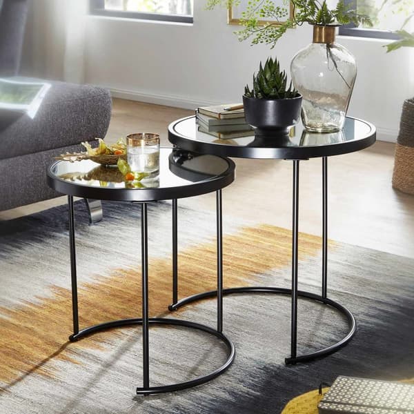 Rootz design sidebord rundt Ø 50-42 cm - 2 stk sort med spejlglas - Stuebord sæt af 2 - Nesting bord spejl sofabord