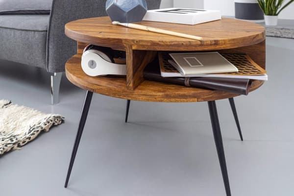 Rootz bord Sheesham massivt trä - metall 60x45x60 cm bord vardagsrum - Design sidobord med hylla Litet soffbord runt brunt