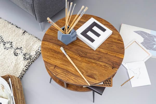 Rootz bord Sheesham massivt trä - metall 60x45x60 cm bord vardagsrum - Design sidobord med hylla Litet soffbord runt brunt