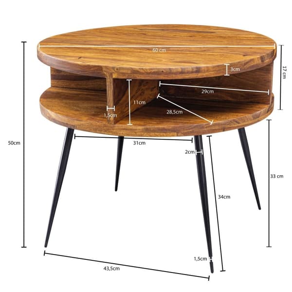 Rootz bord Sheesham massivt trä - metall 60x45x60 cm bord vardagsrum - Design sidobord med hylla Litet soffbord runt brunt