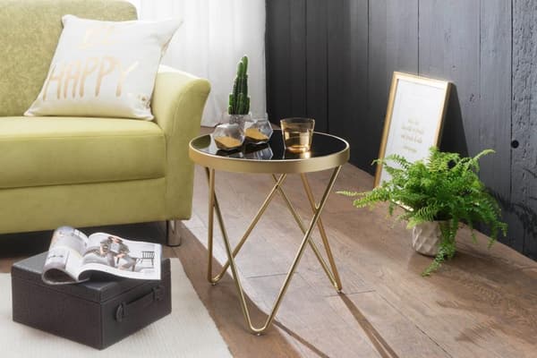 Rootz Design Sidobord 42x46x42cm Runt Svart - Matt Guld - Designerglas vardagsrumsbord modernt - Glasbord med metallram - Litet soffbord - Runt metall