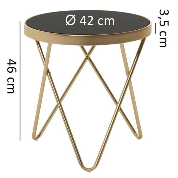 Rootz Design Sidobord 42x46x42cm Runt Svart - Matt Guld - Designerglas vardagsrumsbord modernt - Glasbord med metallram - Litet soffbord - Runt metall