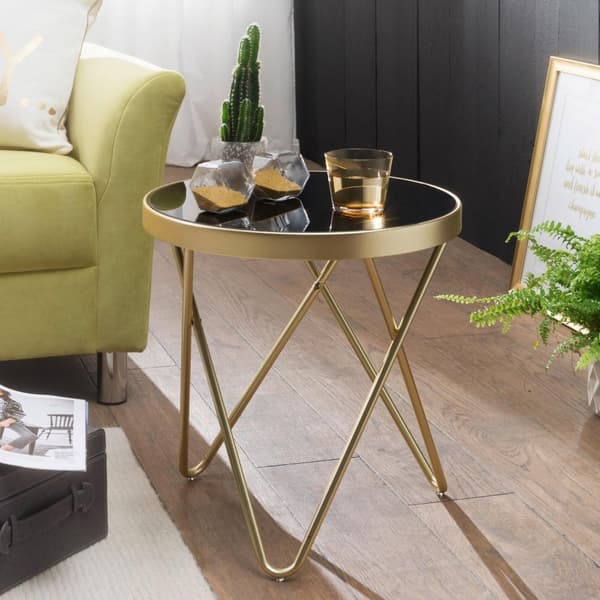 Rootz Design Sidobord 42x46x42cm Runt Svart - Matt Guld - Designerglas vardagsrumsbord modernt - Glasbord med metallram - Litet soffbord - Runt metall