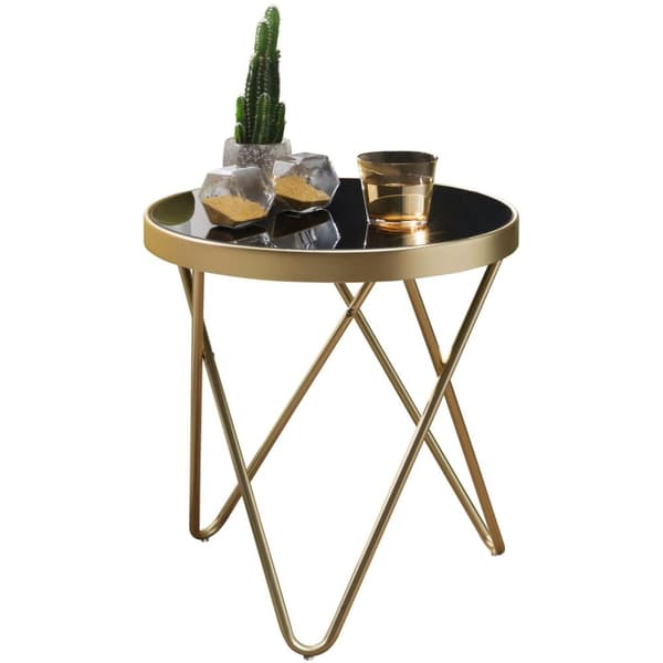 Rootz Design Sidebord 42x46x42cm Rundt Sort - Mat Guld - Designer glas stuebord moderne - Glasbord med metalstel - Lille sofabord - Rundt metalbord st