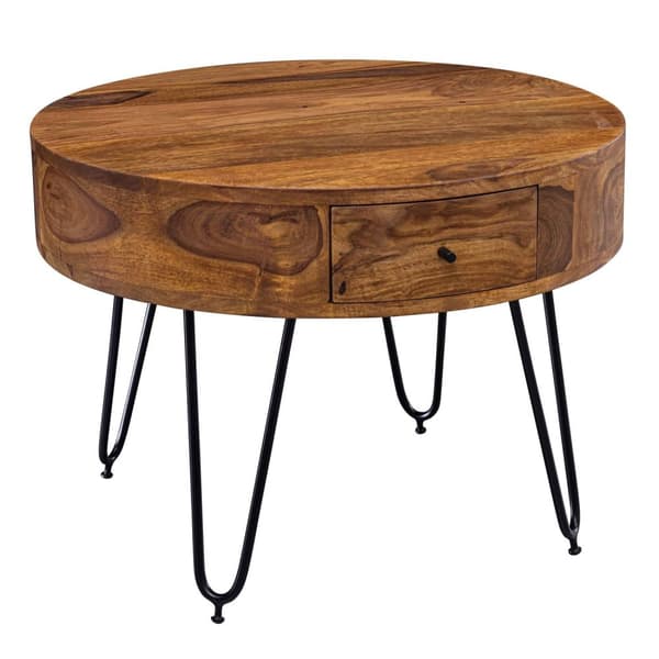 Rootz bord Sheesham massivt træ - metal 60x44,5x60 cm bord stue - Design sidebord med skuffer Lille sofabord rund brunt