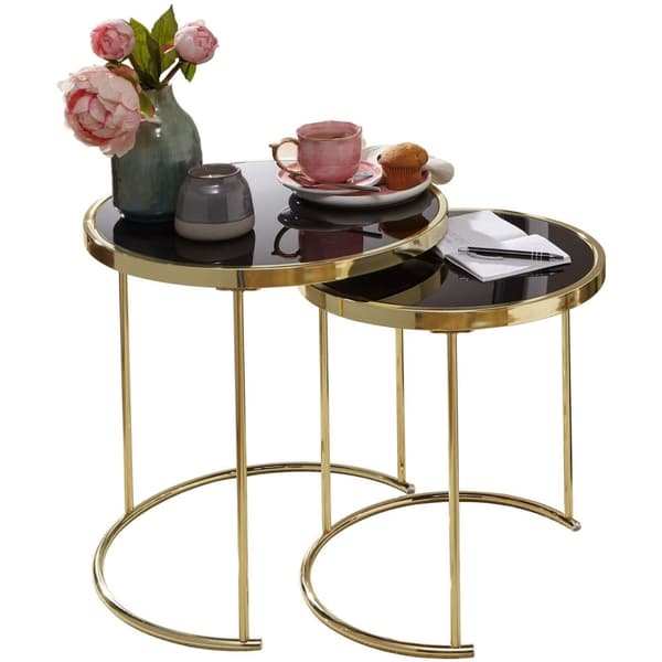 Rootz Design Redebord Sort - Guld sidebord metal - glas - Sofabord sæt med 2 borde - Lille stuebord - Metalbord med glasplade - Opbevaringsbord modern