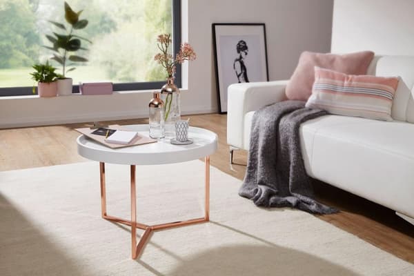 Rootz sofabord 58,5x42x58,5cm hvid - kobber sofabord metal rundt - Designer retro sofabord moderne - Lille loungebord med metalramme - Rundt bakkebord