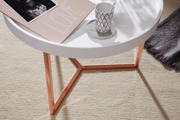 Rootz sofabord 58,5x42x58,5cm hvid - kobber sofabord metal rundt - Designer retro sofabord moderne - Lille loungebord med metalramme - Rundt bakkebord