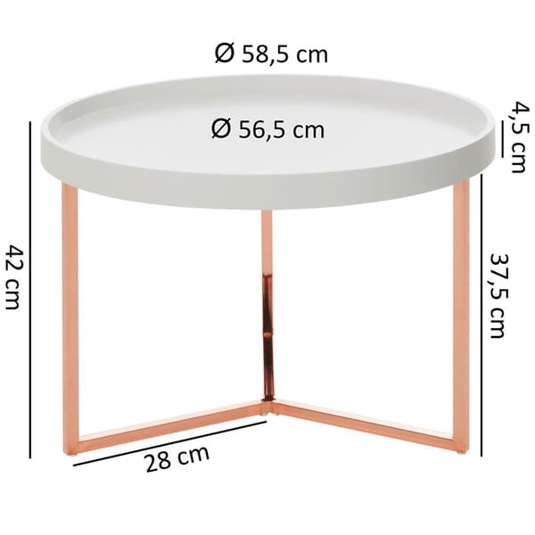 Rootz sofabord 58,5x42x58,5cm hvid - kobber sofabord metal rundt - Designer retro sofabord moderne - Lille loungebord med metalramme - Rundt bakkebord