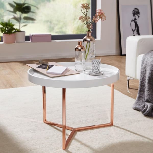 Rootz sofabord 58,5x42x58,5cm hvid - kobber sofabord metal rundt - Designer retro sofabord moderne - Lille loungebord med metalramme - Rundt bakkebord