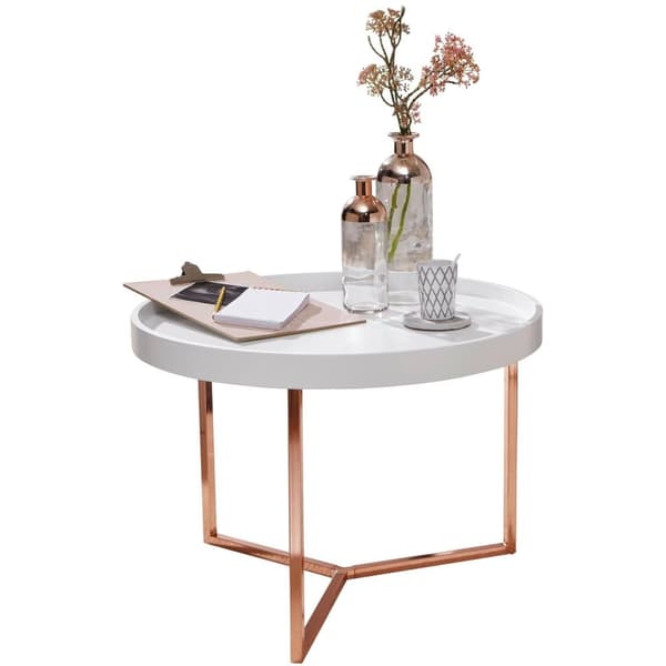 Rootz sofabord 58,5x42x58,5cm hvid - kobber sofabord metal rundt - Designer retro sofabord moderne - Lille loungebord med metalramme - Rundt bakkebord