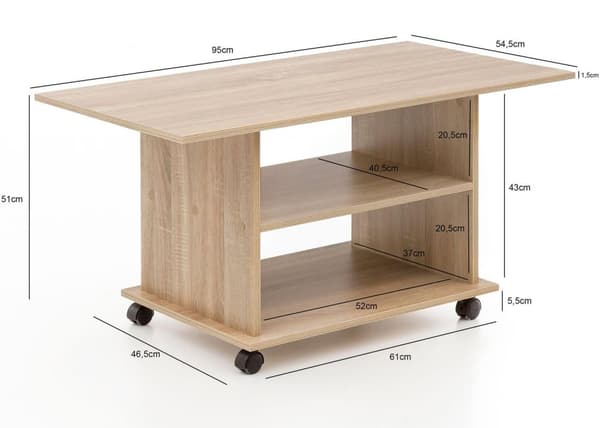 Rootz Design sofabord 95 x 51 x 54,5 cm Sonoma drejeligt med hjul - Sofabord Sofabord - Sofabord Loungebord - Sofabord med opbevaringsplads
