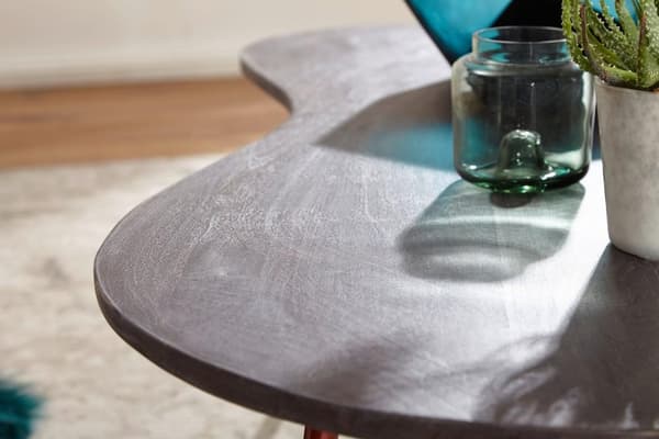 Rootz Design sohvapöytä 122x34,5x63 cm Akaasia metallijaloilla kupari - Munuaispöytä Massiivipuu Harmaa - Puiset pöydän jalat Metalli - Viileä massiiv