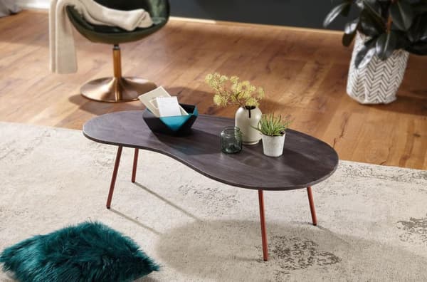 Rootz Design sohvapöytä 122x34,5x63 cm Akaasia metallijaloilla kupari - Munuaispöytä Massiivipuu Harmaa - Puiset pöydän jalat Metalli - Viileä massiiv