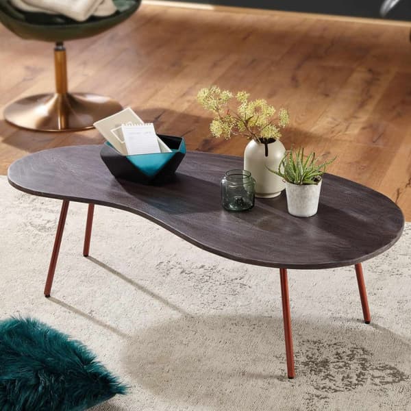 Rootz Design sohvapöytä 122x34,5x63 cm Akaasia metallijaloilla kupari - Munuaispöytä Massiivipuu Harmaa - Puiset pöydän jalat Metalli - Viileä massiiv