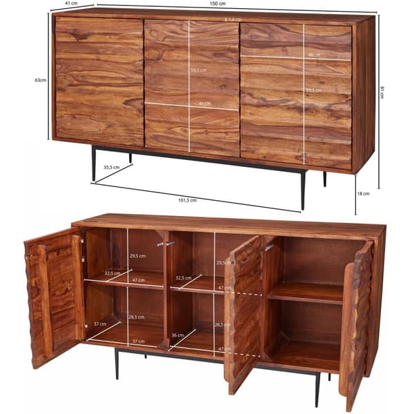 Rootz skänk Sheesham massivt trä 150x81x41 cm rustik byrå - Design Skänk Large - Hög byrå med 3 dörrar massivt trä - Golvskåp Vardagsrum Modernt