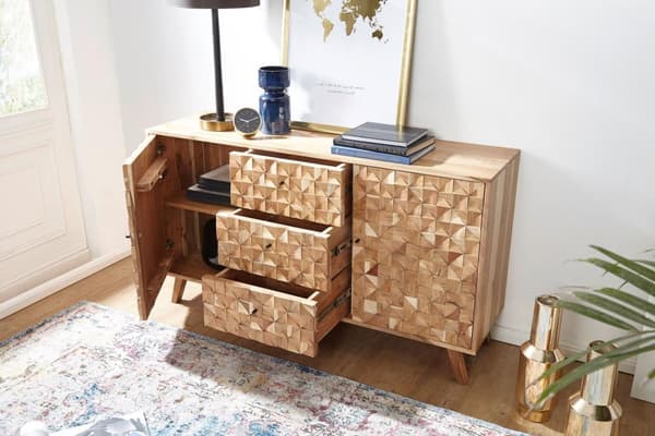 Rootz Room Skænk 140x78,5x40 cm Skænk Massivt træ Akacieskab Brun - Kommode i landlig stil med 3 skuffer & 2 låger - Entreskab ægte træ - Skuffe kommo
