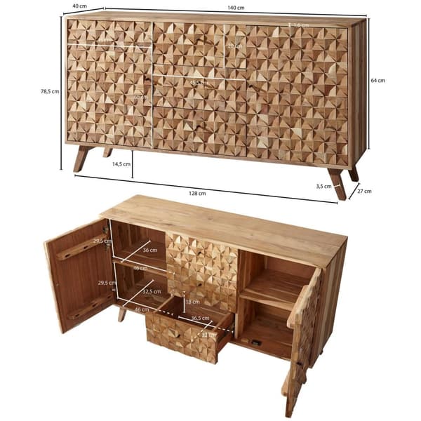 Rootz Room Skænk 140x78,5x40 cm Skænk Massivt træ Akacieskab Brun - Kommode i landlig stil med 3 skuffer & 2 låger - Entreskab ægte træ - Skuffe kommo