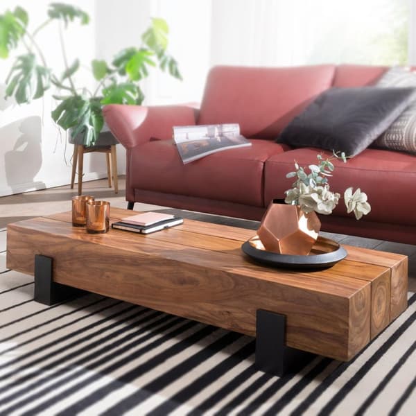 Rootz sofabord 115x22x44 cm Sheesham massivt træ - metal sofabord - Design Stuebord Moderne - Stubentisch brun - sort - Designer sofabord massivt - Bo