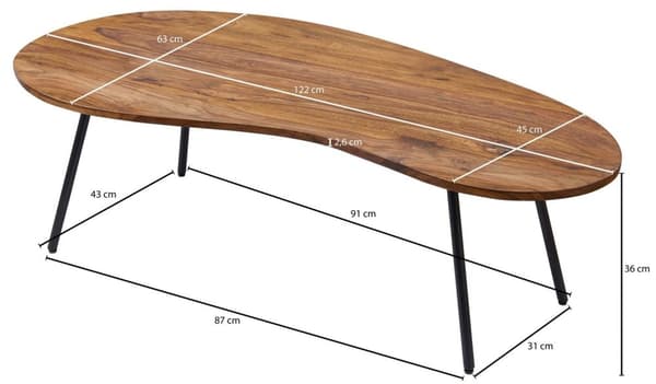 Rootz Design soffbord 122x36x63 cm Sheesham med metallben Svart - Njurbord Massivt trä Grå - Träbordsben Metall - Coolt massivt träbord - Bord Platt M
