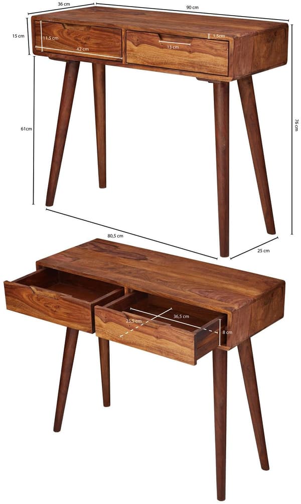 Rootz-konsolipöytä 90x76x36cm Sheesham massiivipuuta laatikoilla - Design Puinen senkki Konsoli Solid - Pieni maalaistalon kirjoituspöytä Flur-pöytä -