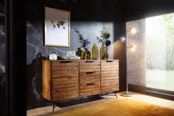 Rootz Design skænk 160x40x88 cm Sheesham Solid Wood - Kommode med døre og skuffer - Massiv skænk Industriel - Massivt træskab med metalben