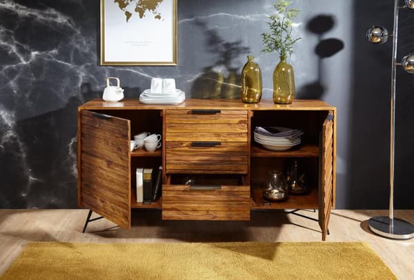 Rootz Design skænk 160x40x88 cm Sheesham Solid Wood - Kommode med døre og skuffer - Massiv skænk Industriel - Massivt træskab med metalben