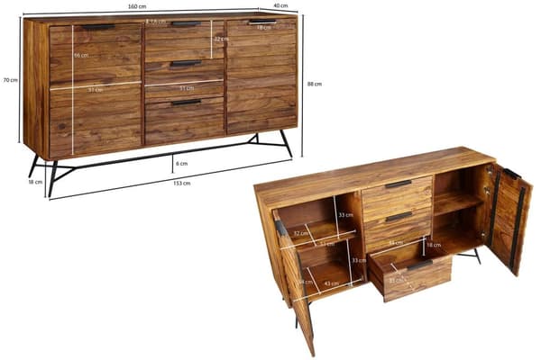 Rootz Design skænk 160x40x88 cm Sheesham Solid Wood - Kommode med døre og skuffer - Massiv skænk Industriel - Massivt træskab med metalben