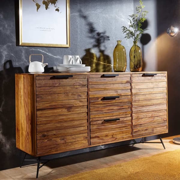 Rootz Design skænk 160x40x88 cm Sheesham Solid Wood - Kommode med døre og skuffer - Massiv skænk Industriel - Massivt træskab med metalben