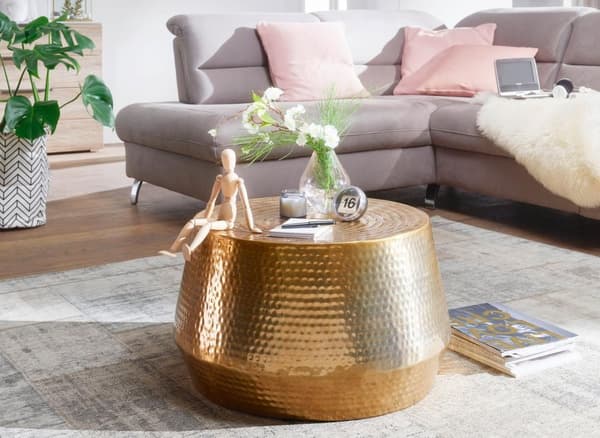 Rootz Soffbord 60x36x60 cm Sidobord i aluminium Guld Orientaliskt Runt - Platt hamrat soffbord metall - Design Vardagsbord Modernt - Loungebord Indian