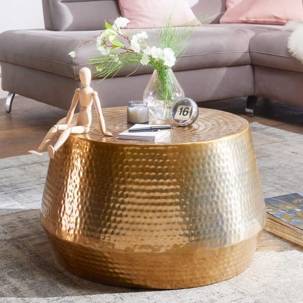 Rootz Soffbord 60x36x60 cm Sidobord i aluminium Guld Orientaliskt Runt - Platt hamrat soffbord metall - Design Vardagsbord Modernt - Loungebord Indian