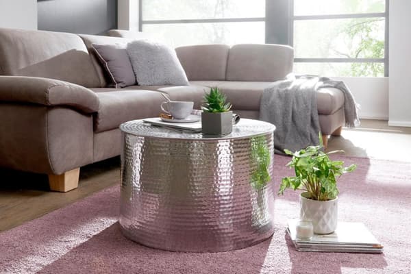 Rootz 61 x 40,5 x 61 cm Aluminium Silver Sidobord Orientaliskt Runt - Platt hamrat soffbord metall - Design Vardagsbord Modernt - Loungebord Indian St