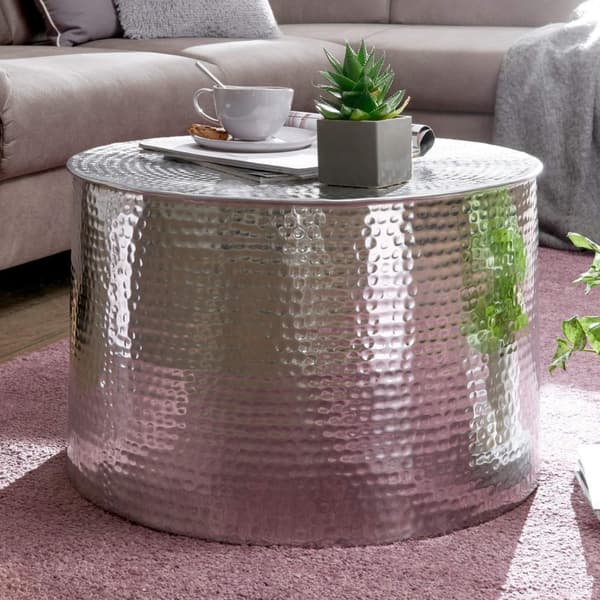 Rootz 61 x 40,5 x 61 cm Aluminium Silver Sidobord Orientaliskt Runt - Platt hamrat soffbord metall - Design Vardagsbord Modernt - Loungebord Indian St