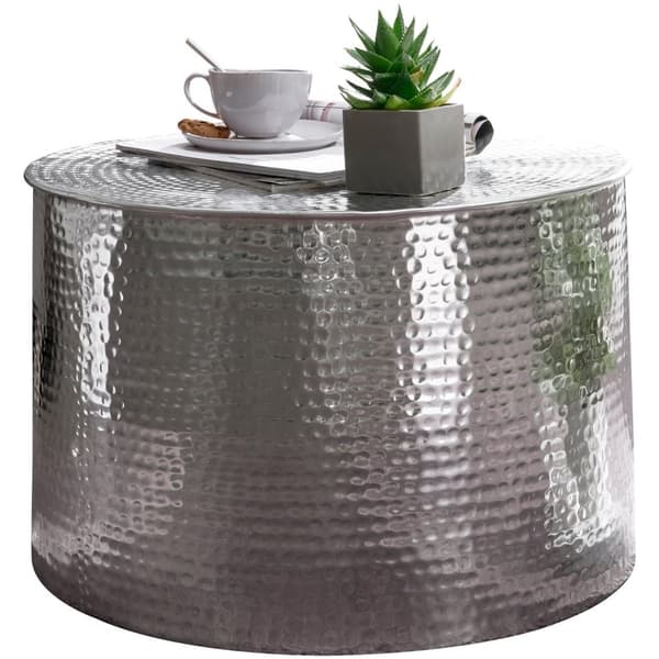 Rootz 61 x 40,5 x 61 cm Aluminium Silver Sidobord Orientaliskt Runt - Platt hamrat soffbord metall - Design Vardagsbord Modernt - Loungebord Indian St