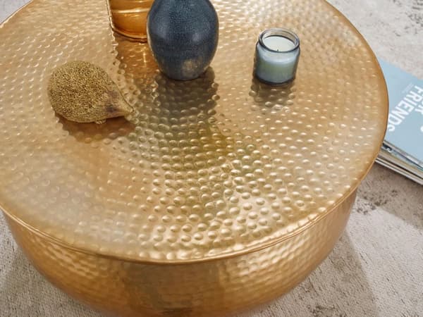 Rootz sofabord 60x30,5x60 cm aluminium guld sidebord orientalsk rundt - Fladhamret sofabord metal - Design stuebord moderne - Loungebord indisk stubbo