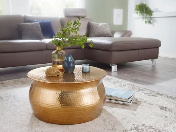 Rootz sofabord 60x30,5x60 cm aluminium guld sidebord orientalsk rundt - Fladhamret sofabord metal - Design stuebord moderne - Loungebord indisk stubbo
