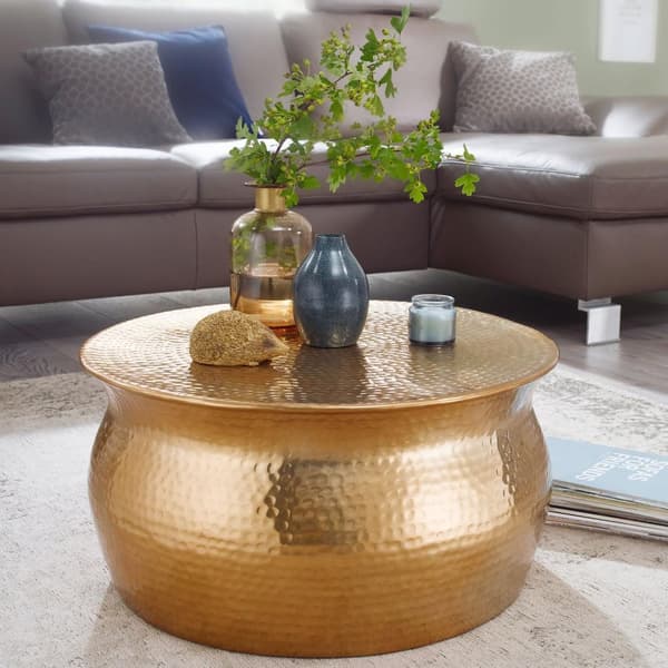 Rootz sofabord 60x30,5x60 cm aluminium guld sidebord orientalsk rundt - Fladhamret sofabord metal - Design stuebord moderne - Loungebord indisk stubbo