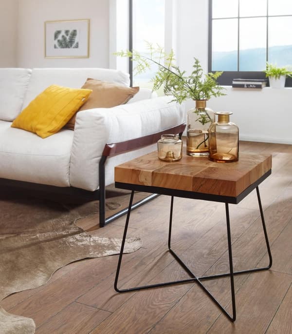 Rootz sidobord 45 x 45 x 51 cm Acacia massivt trä med metallram - Industriellt bord Fyrkantigt massivt träbord Brunt - Vardagsbord Modernt träbord med