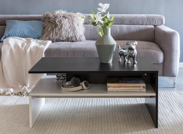 Rootz 90 x 43 x 60 cm med hylde træ sort - hvid - Design stue sofabord todelt med opbevaringsplads - Sofabord moderne sofabord - Loungebord stort og h