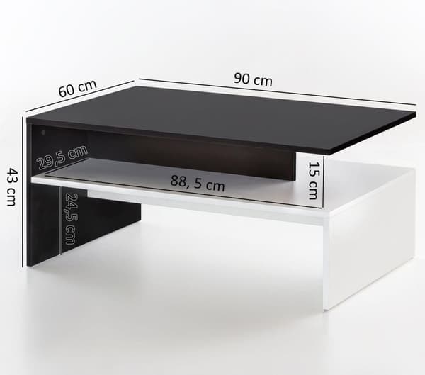 Rootz 90 x 43 x 60 cm med hylde træ sort - hvid - Design stue sofabord todelt med opbevaringsplads - Sofabord moderne sofabord - Loungebord stort og h