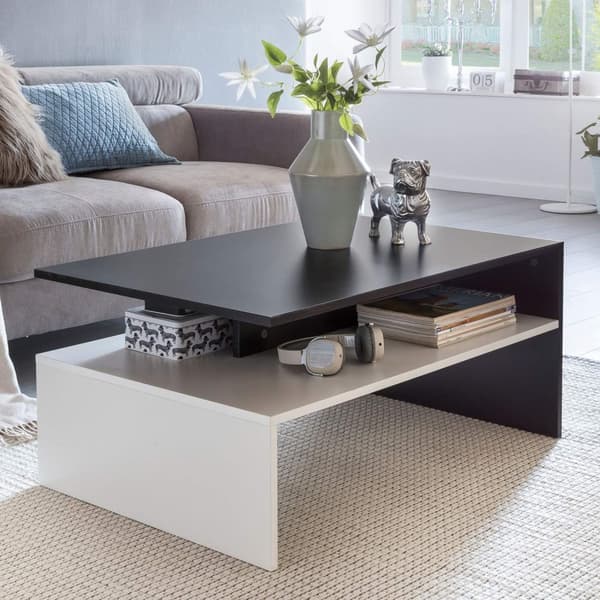 Rootz 90 x 43 x 60 cm med hylde træ sort - hvid - Design stue sofabord todelt med opbevaringsplads - Sofabord moderne sofabord - Loungebord stort og h