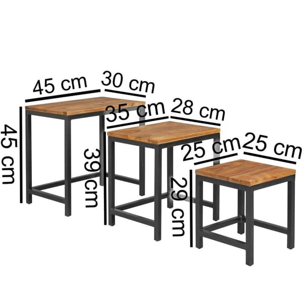 Rootz 3 Design sivupöydät Sheesham Nesting Pöydät metallijalat - Placematto 3 kpl Materialmix - Anstellische massiivipuuta