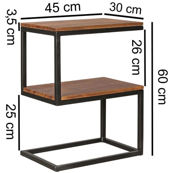 Rootz sidobord S-form massivt trä Sheesham - metall 45 x 60 x 30 cm - Design Vardagsbord Lantlig stil - Anstellisch förvaringsbord fyrkantigt