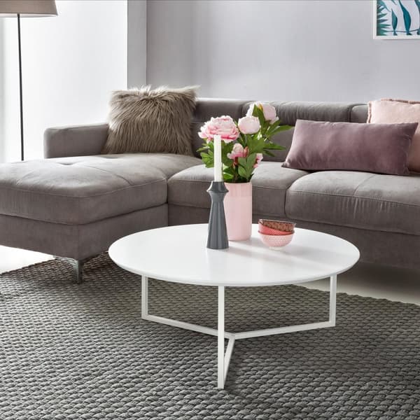 Rootz Design sofabord MDF træ hvid mat stel metal ø 80 cm - Stue lakeret Sofa moderne - Sofabord rund lounge