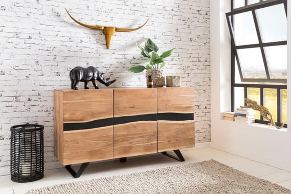 Rootz skänk 148 x 85 x 43 cm massivt trä akacia skänk i naturlig trädkant - Highboard i lantlig stil med 3 dörrar - Korridorskåp